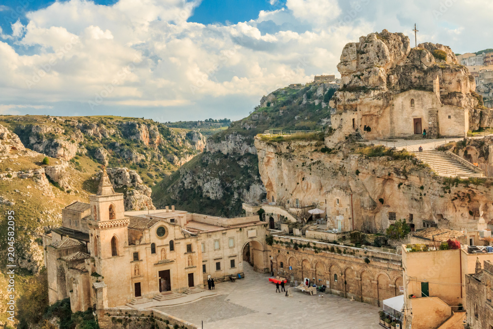 Italy, Southern Italy, Region of Basilicata, Province of Matera, Matera. The town lies in a small canyon carved out by the Gravina.