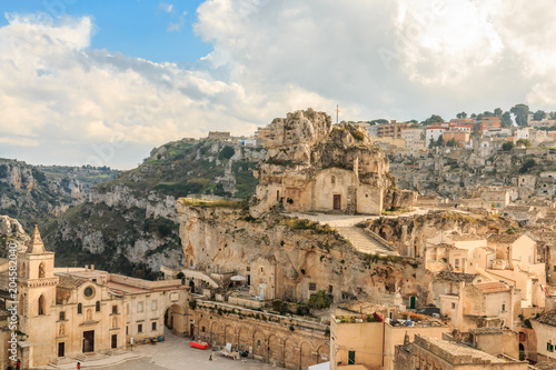 Italy, Southern Italy, Region of Basilicata, Province of Matera, Matera. The town lies in a small canyon carved out by the Gravina. Overview of town.