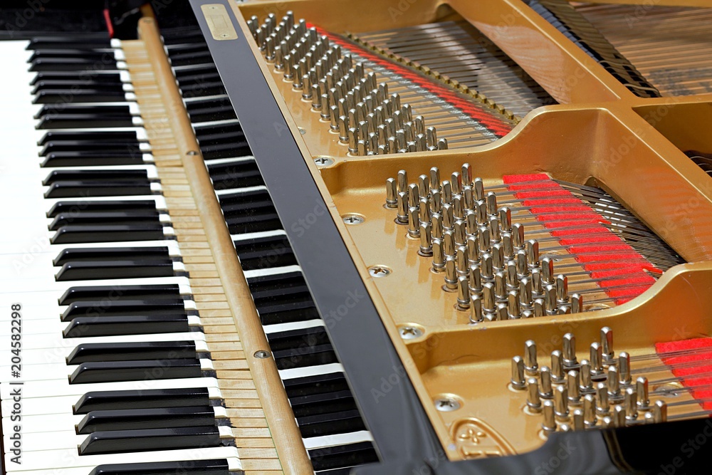 Naklejka premium Grand piano keyboard and inside the piano mechanic
