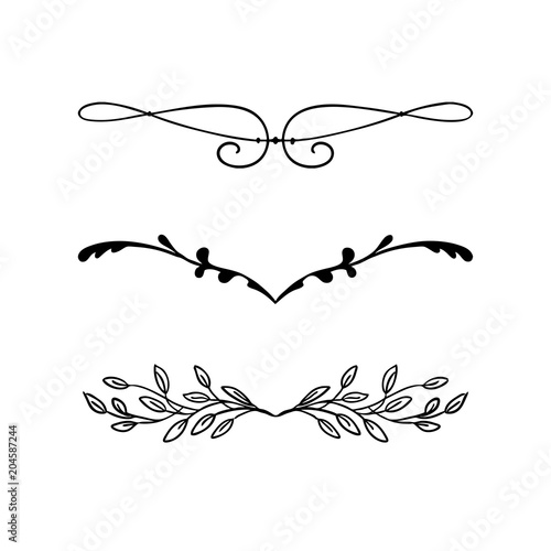 design element vector, beautiful fancy curls and swirls divider or underline design with ivy vines and leaves in black ink lines. Can be placed on any color. Wedding design element.