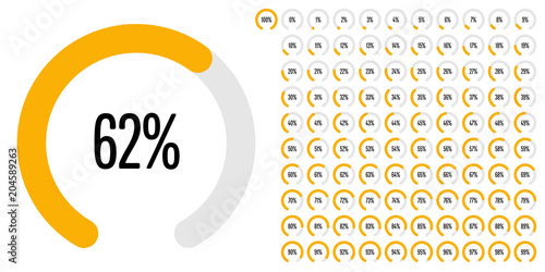 Set of circular sector percentage diagrams from 0 to 100 ready-to-use for web design, user interface (UI) or infographic - indicator with yellow