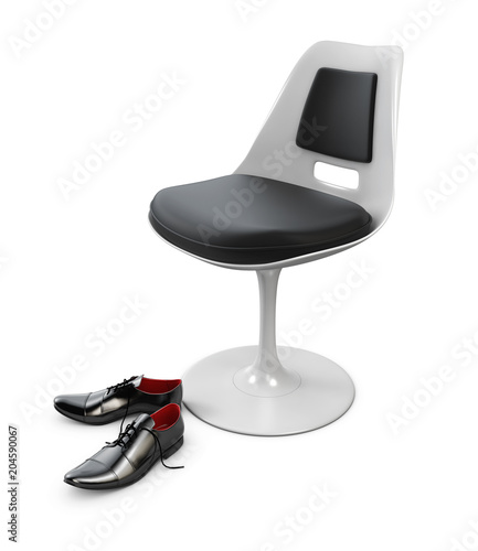 Gray modern chair with shoes isolated on white background, 3d Illustration photo