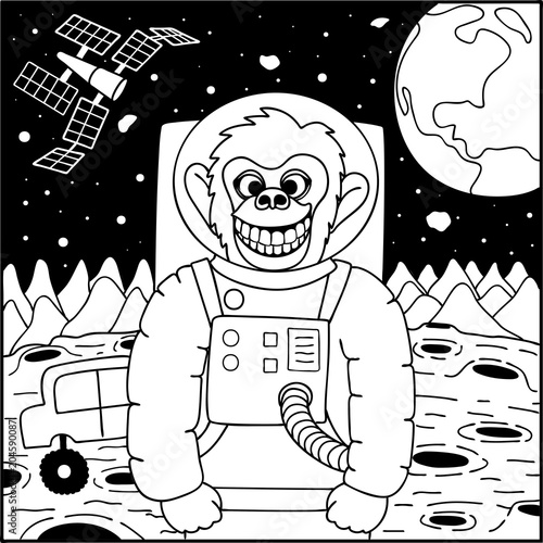 Funny monkey space make a big smile for taking photo on the moon, design for printed tee. Vector illustration