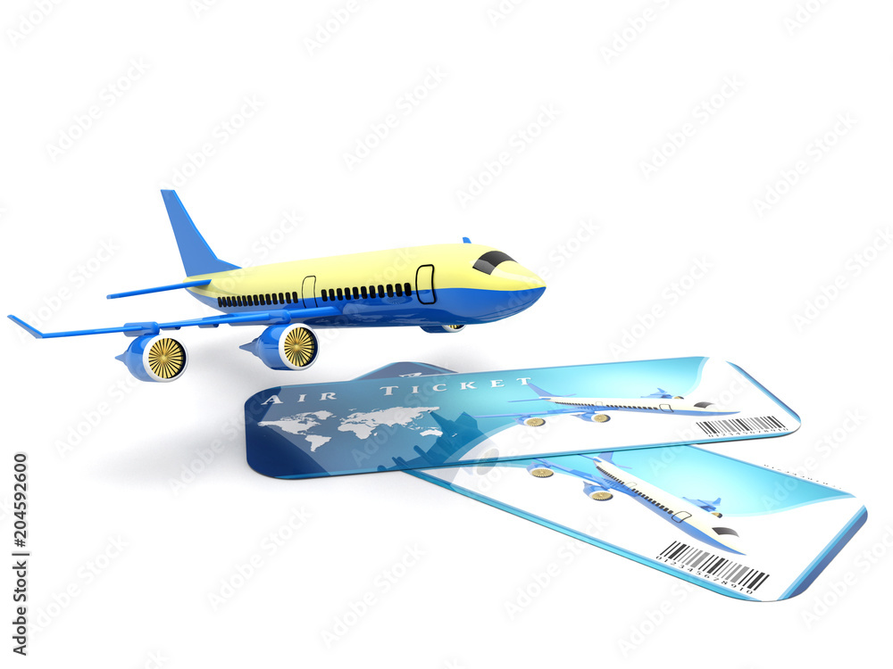 Air Travel Concept. Cartoon Toy Jet Airplane with Airline Boarding Pass Tickets on a white background. 3d Rendering