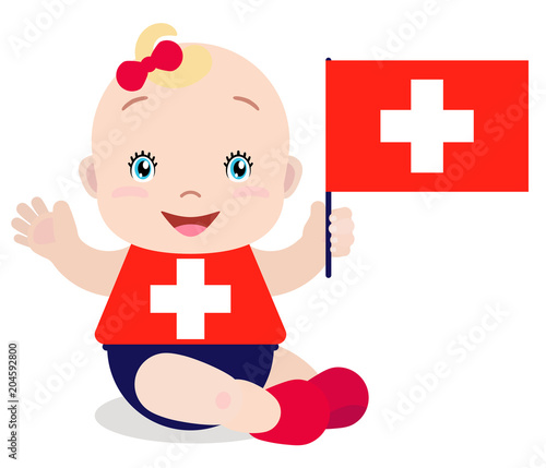 Smiling baby toddler, girl holding a Switzerland flag isolated on white background. Vector cartoon mascot. Holiday illustration to the Day of the country, Independence Day, Flag Day.