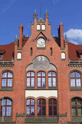 Renovated facade of junior high school with Black Prussian eagle  Wroclaw  Poland