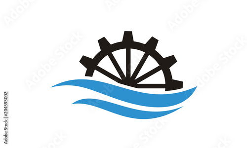 River Creek Water Mill, Ocean Sea Wave Cog Wheel Gear logo design inspiration photo