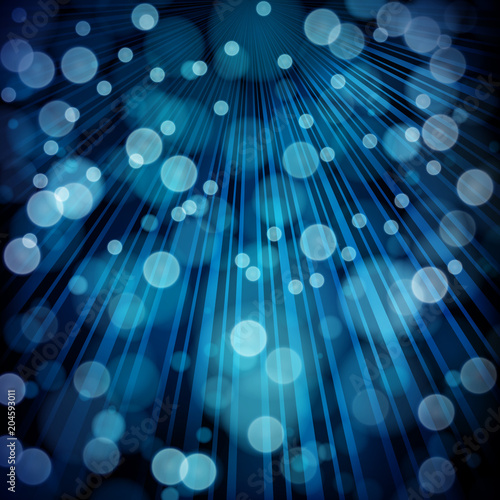 Blue abstract background with rays, bokeh defocused lights.
