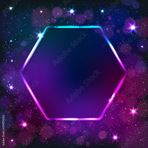 Colorful neon hexagon frame on a dark star background, vector abstract illustration.