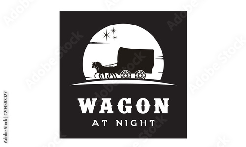 Silhouette of Cowboy Cart Covered Wagon Western at night Logo design inspiration