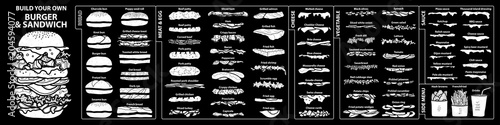 Set of isolated white silhouette ingredients for build your own burger and sandwich.