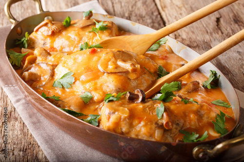 Fotografie Home French chicken chasseur with mushrooms and tomatoes close-up