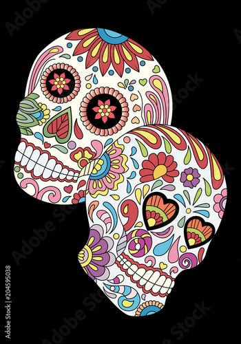 Day of The Dead colorful Sugar Skulls with Flowers Pattern. Design elements label, emblem, poster, t-shirt. Vector illustration