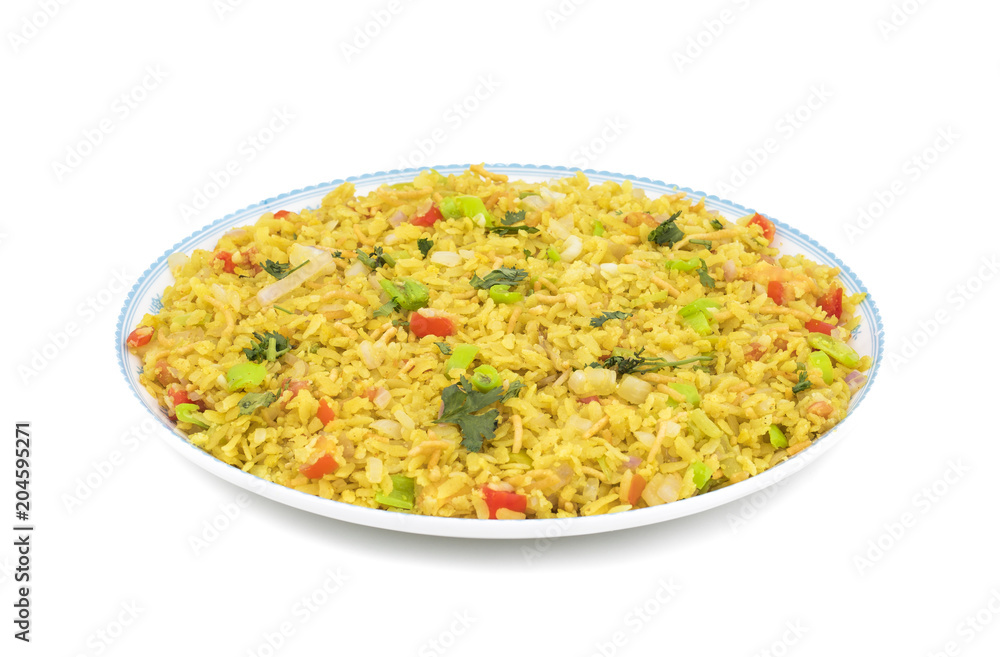 Indian Breakfast Dish Poha Also Know as Pohe or Aalu poha made up of Beaten Rice or Flattened Rice. The rice flakes are lightly fried in oil with mustard, chilly, onion, curry leaves and turmeric Indian Breakfast Dish Poha Also Know as Pohe or Aalu poha made up of Beaten Rice or Flattened Rice. The rice flakes are lightly fried in oil with mustard, chilly, onion, curry leaves and turmeric