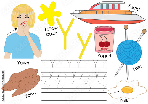 Letter Y. Learning English alphabet with pictures and writing practice for children. Vector illustration.