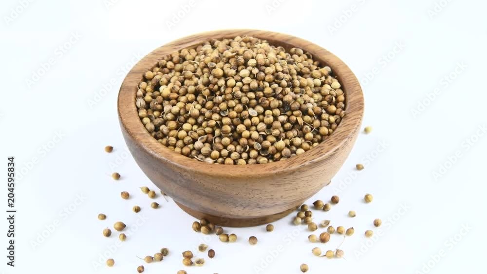 Coriander seeds in wood bowl on white rotation
Coriander seeds in wood bowl on white rotation