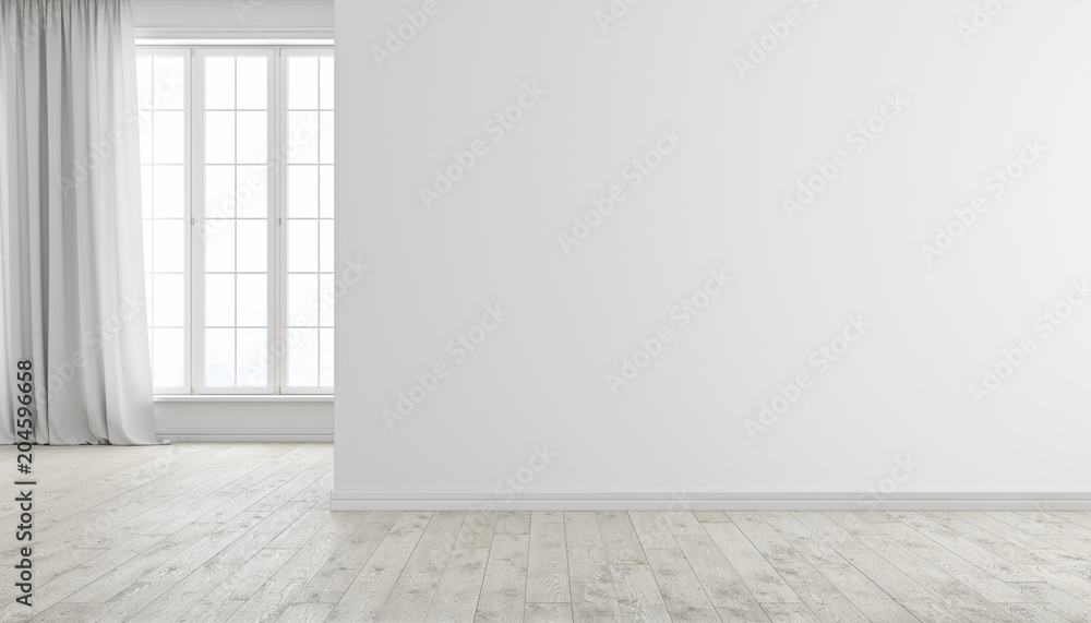 White modern bright empty room interior with window, wood floor and curtain. White modern bright empty room interior with window, wood floor and curtain.