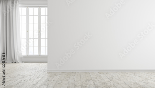 White modern bright empty room interior with window, wood floor and curtain.