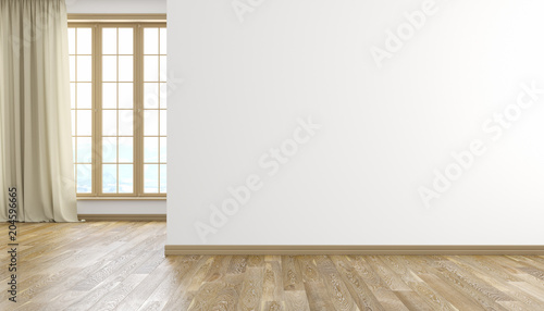 White wall and wood floor modern bright empty room interior. 3D render illustration.