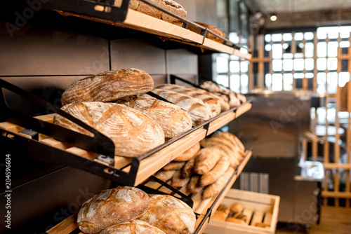 Breads on the shelves in the shop