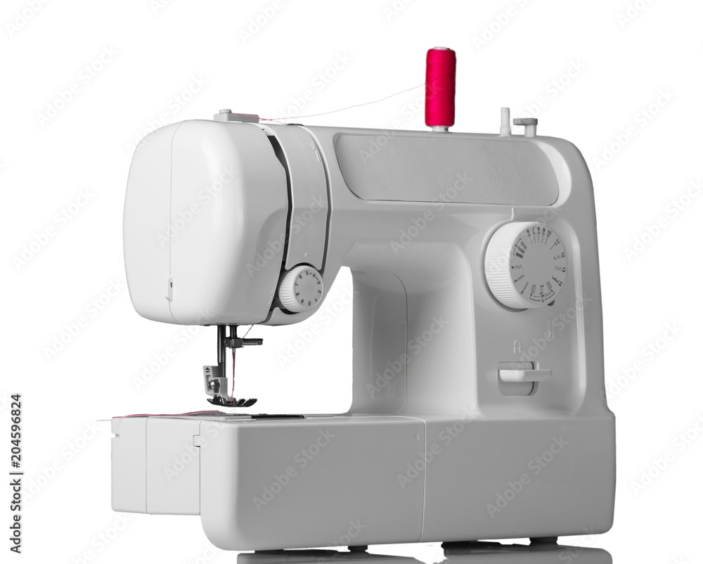 Household electric multifunctional sewing machine isolated on white