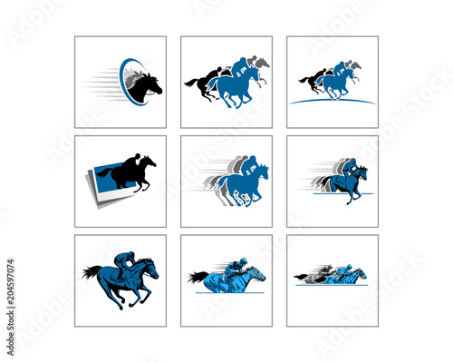 blue silhouette of riding stallion horse races logo icon image set