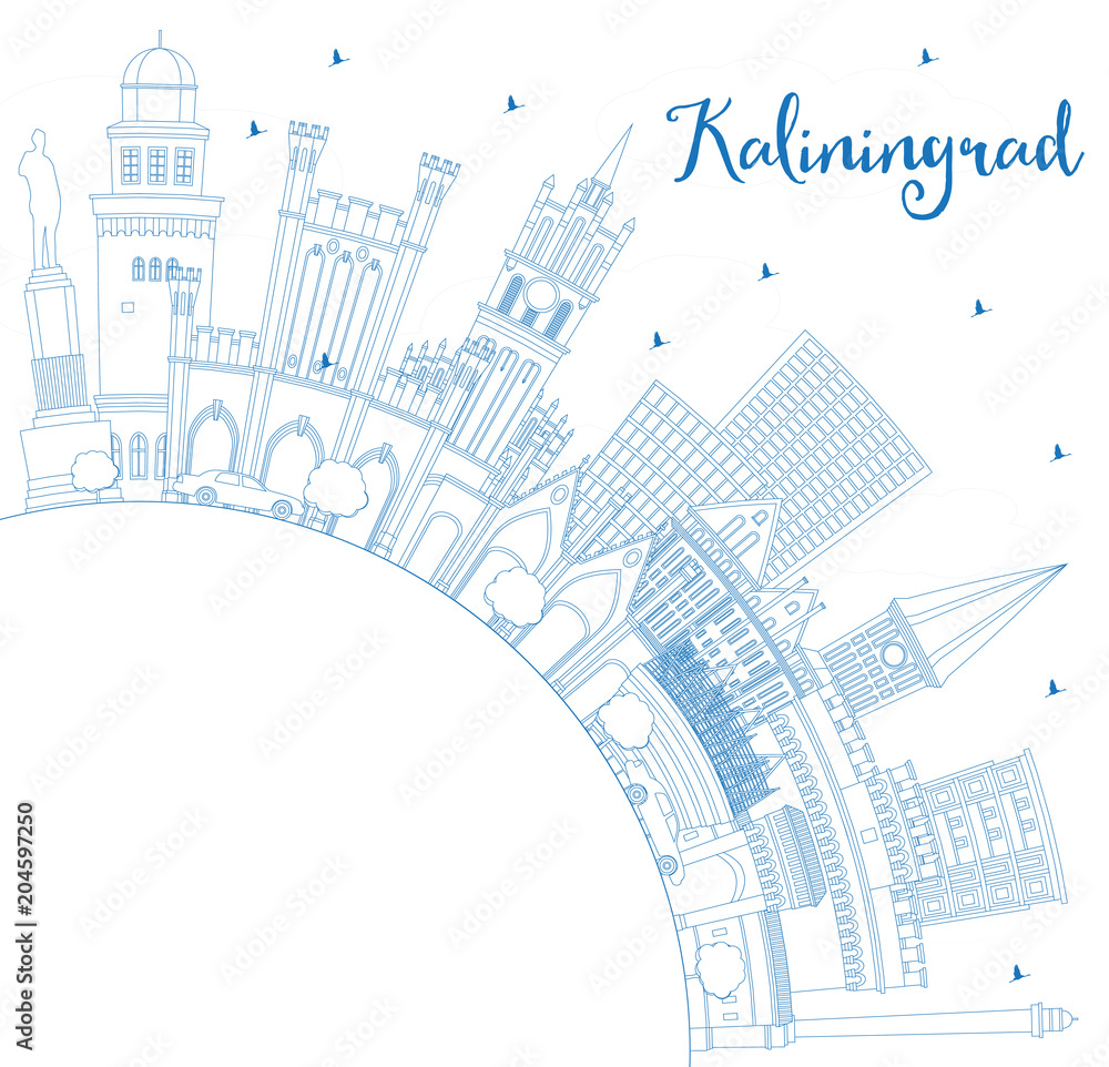 Outline Kaliningrad Russia City Skyline with Blue Buildings and Copy Space.