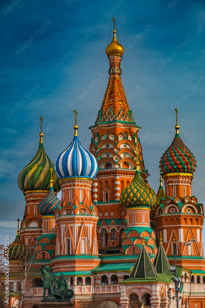 Saint Basil's Cathedral on Red Square, Moscow, Russia with deep blue sky in the background