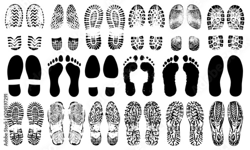 Footprints human shoes silhouette, vector set, isolated on white background. Shoe soles print. Foot print tread, boots, sneakers. Impression icon barefoot photo