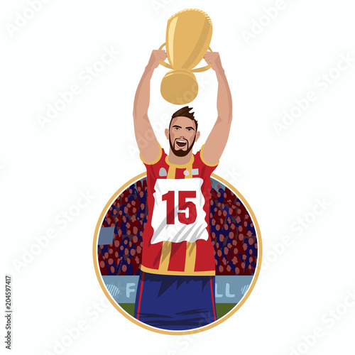 Round emblem or sticker with happy football player holding prize cup over his head. Winning championship concept. Realistic cartoon style