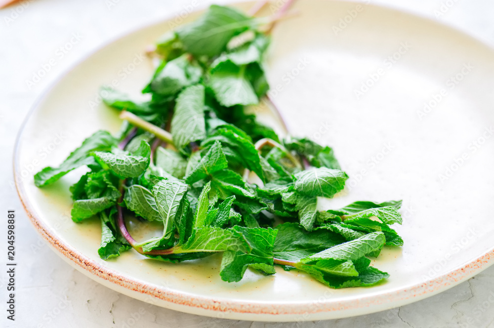 Bunch of fresh leaves of mint in a plate. White background. Rustic style. Bunch of fresh leaves of mint in a plate. White background. Rustic style.
