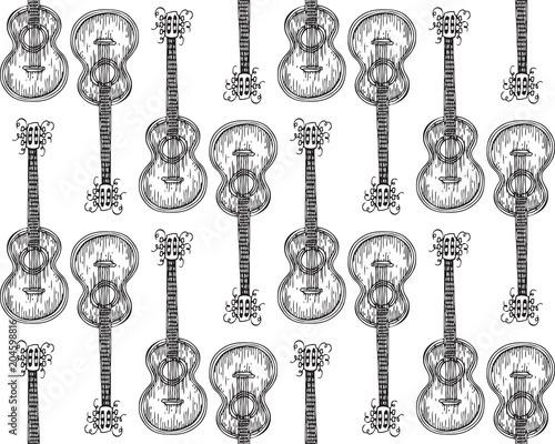 Black and White Seamless Pattern. Acoustic Guitar