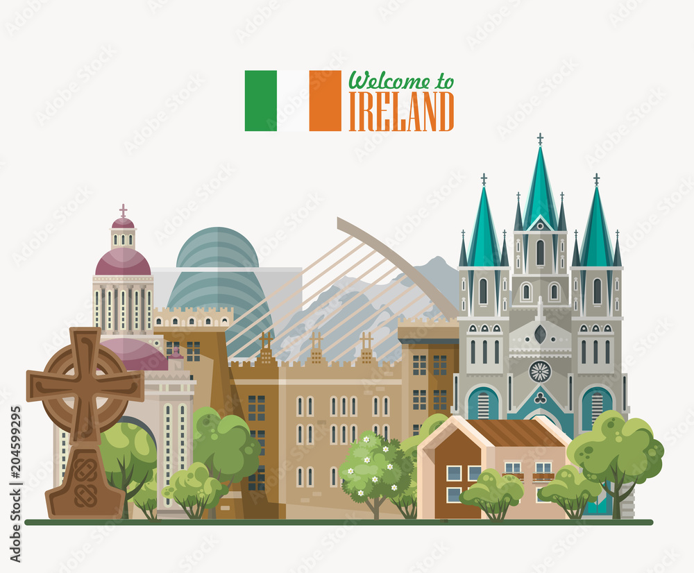 Ireland vector illustration with landmarks, irish castle, green fields.