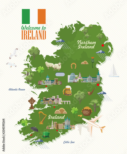 Fotografia Ireland vector illustration with landmarks, irish castle, green fields