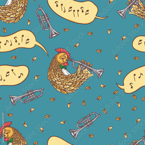 Seamless Pattern with Rooster and Trumpet