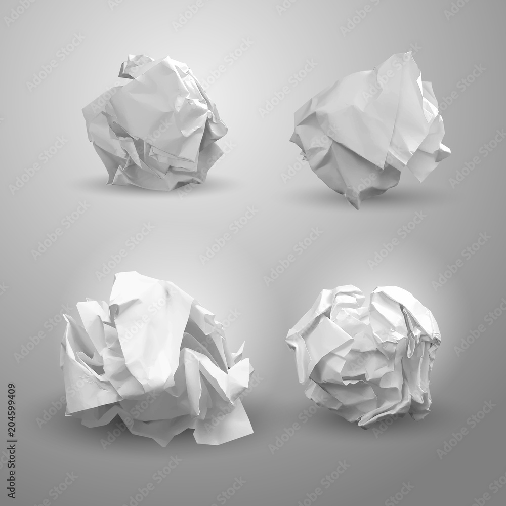Set of crumpled paper ball. For business concept, banner, web site and other. Crumpled paper was after brainstorming. Vector illustration. Isolated on gray background Set of crumpled paper ball. For business concept, banner, web site and other. Crumpled paper was after brainstorming. Vector illustration. Isolated on gray background