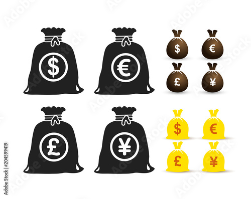 Set of money bag dollar, euro, pound, yen symbol. Vector illustration. Isolated on white background