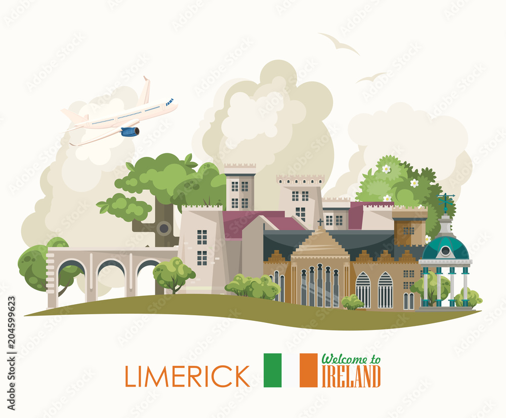 Ireland vector illustration with landmarks, irish castle, green fields. Limerick