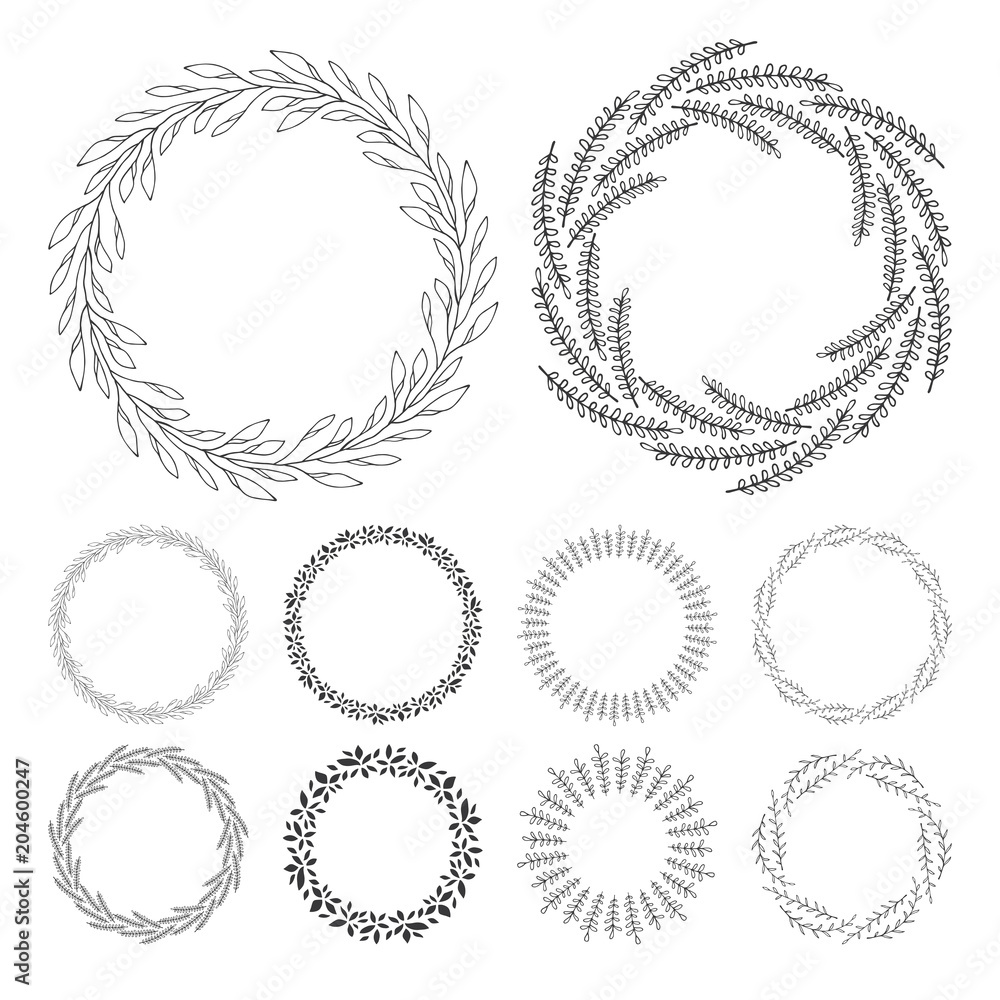 vector floral wreaths, hand drawn wreath clip art, round frame with leaves, decorative design elements, illustration vector floral wreaths, hand drawn wreath clip art, round frame with leaves, decorative design elements, illustration