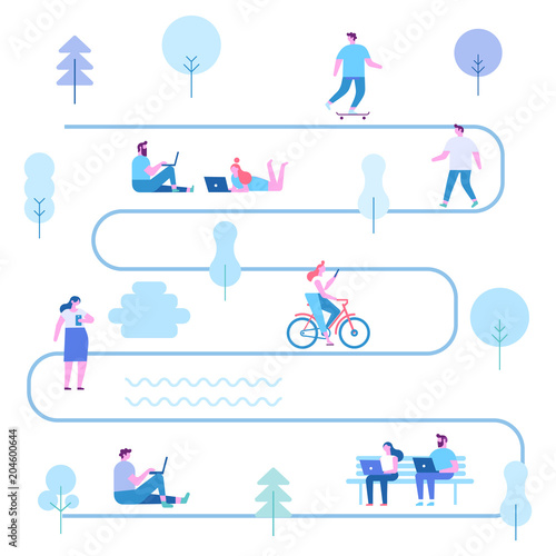 Flat illustration of people using gadgets walking outdoors in the park.  People background characters. Flat vector illustration.