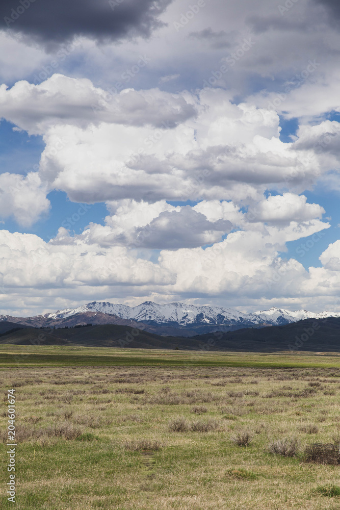 Puffy Clouds Over Mountain Peaks in Summer (Vertical)