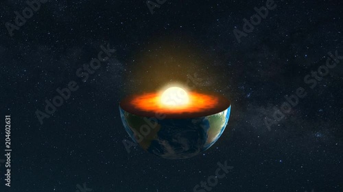 Core of the Earth with inner geological structure and layers of the planet in 3d animation.