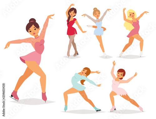 Figure ice skater vector cartoon trick figure women beauty sport girls doing exercise and tricks jumping ice skater characters dancer figurist skates girls performance illustration