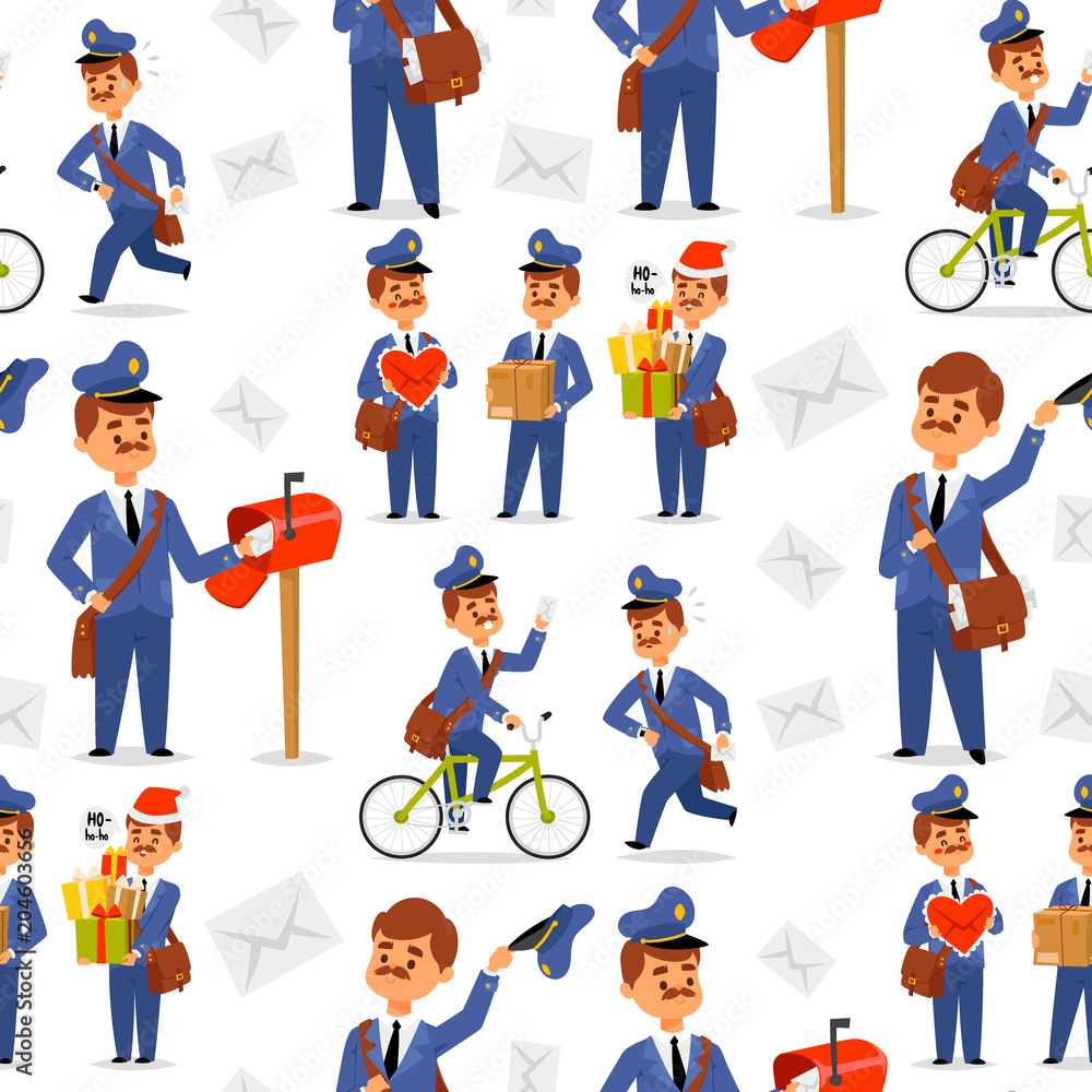 Postman delivery man character vector courier occupation carrier package mail shipping deliver professional people with envelope seamless pattern background.