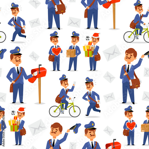 Postman delivery man character vector courier occupation carrier package mail shipping deliver professional people with envelope seamless pattern background.