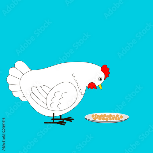 Cartoon white chicken is going to peck the grain. Vector illustration for children.
