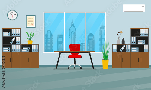 Office interior concept. Modern business workspace with office furniture: chair, desk, bookcase, clock on the wall and window. Vector illustration.