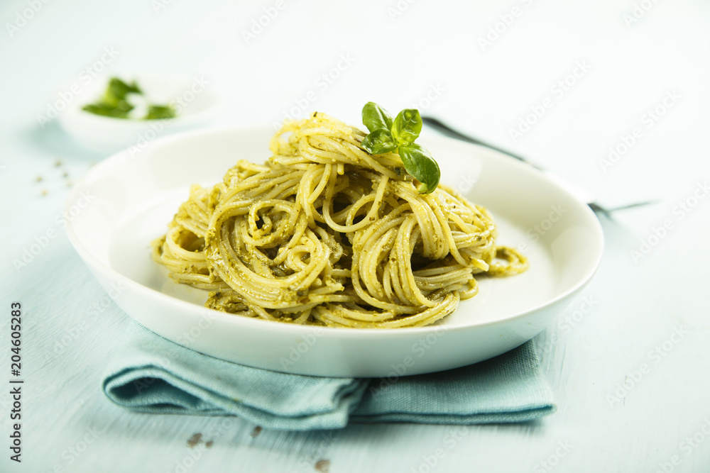 Pasta with homemade green basil pesto
