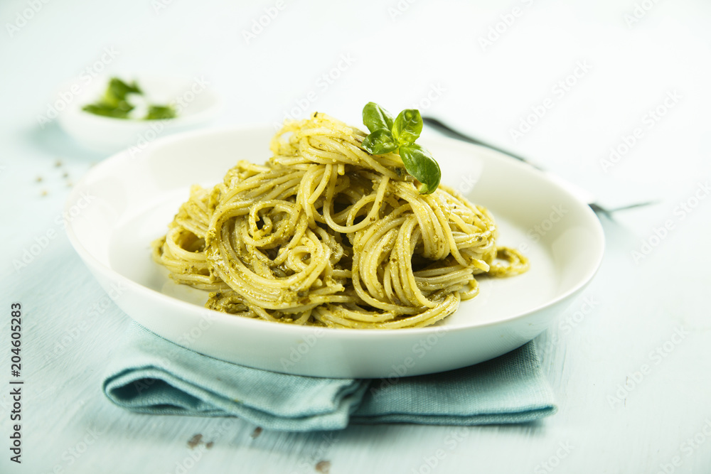 Pasta with homemade green basil pesto Pasta with homemade green basil pesto
