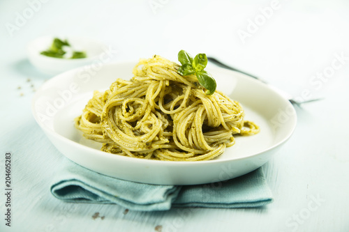 Pasta with homemade green basil pesto